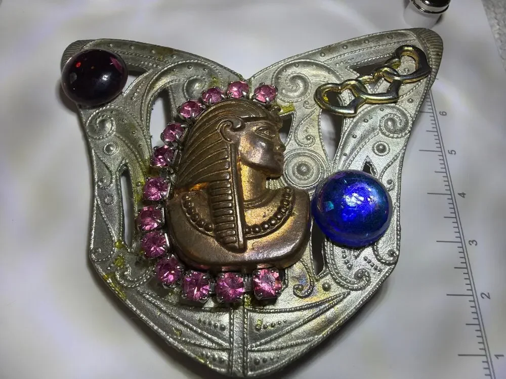 Vintage Egyptian Revival Pharaoh Rhinestone Art Deco Style Statement Brooch Pin
